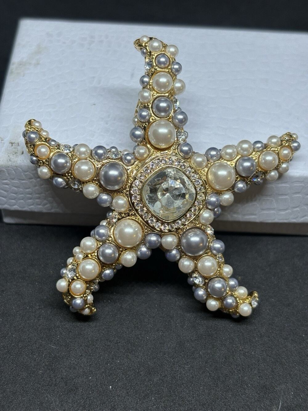 Vintage Large Kenneth Jay Lane KJL Gold Faux Pearl Starfish Sea Star Brooch Pin
